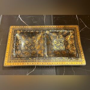 MCM Georges Briard Signed Persian Garden Divided Glass 22K Gold Serving Tray